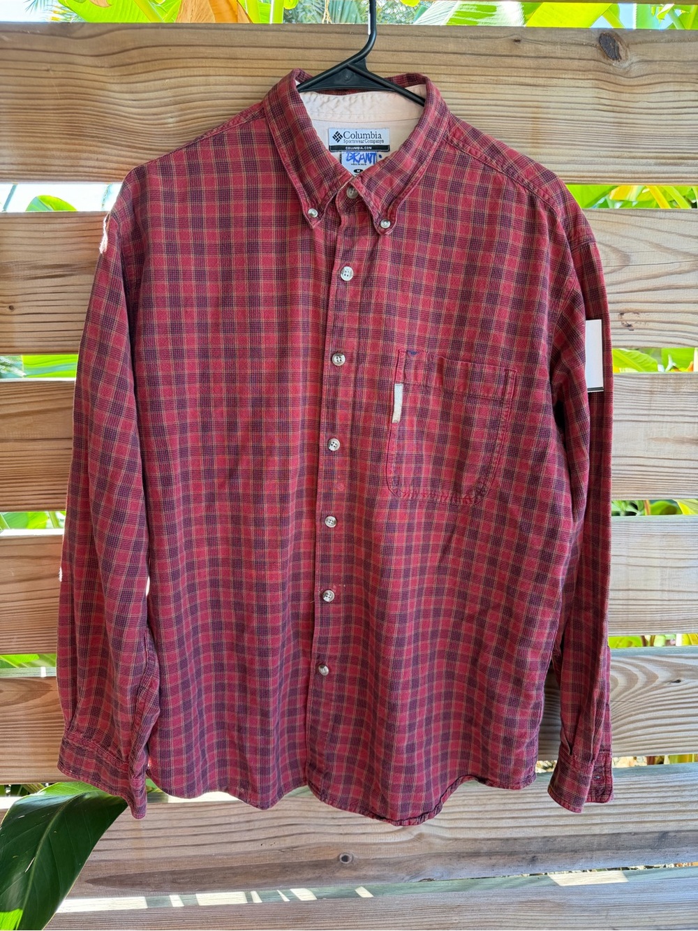 Columbia Men's Red and Black Plaid Button-Down Shirt